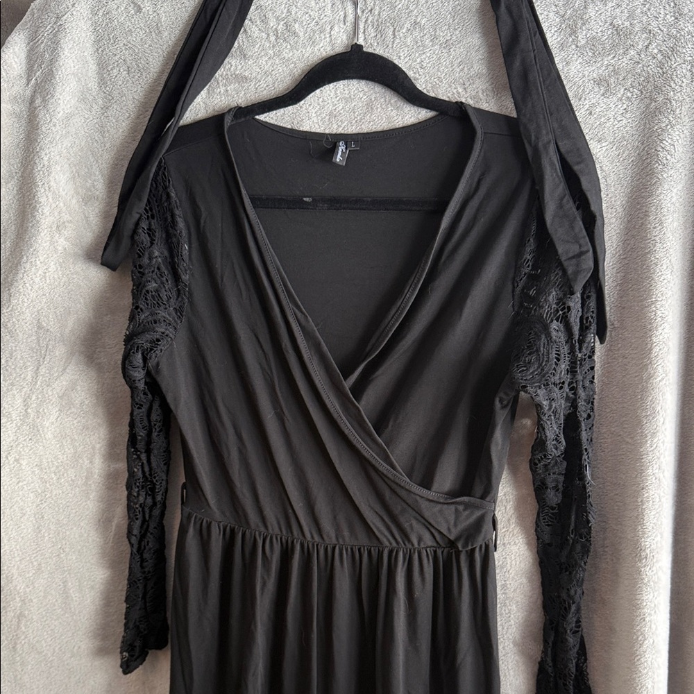 Elegant Black Wrap Dress with Lace Sleeves